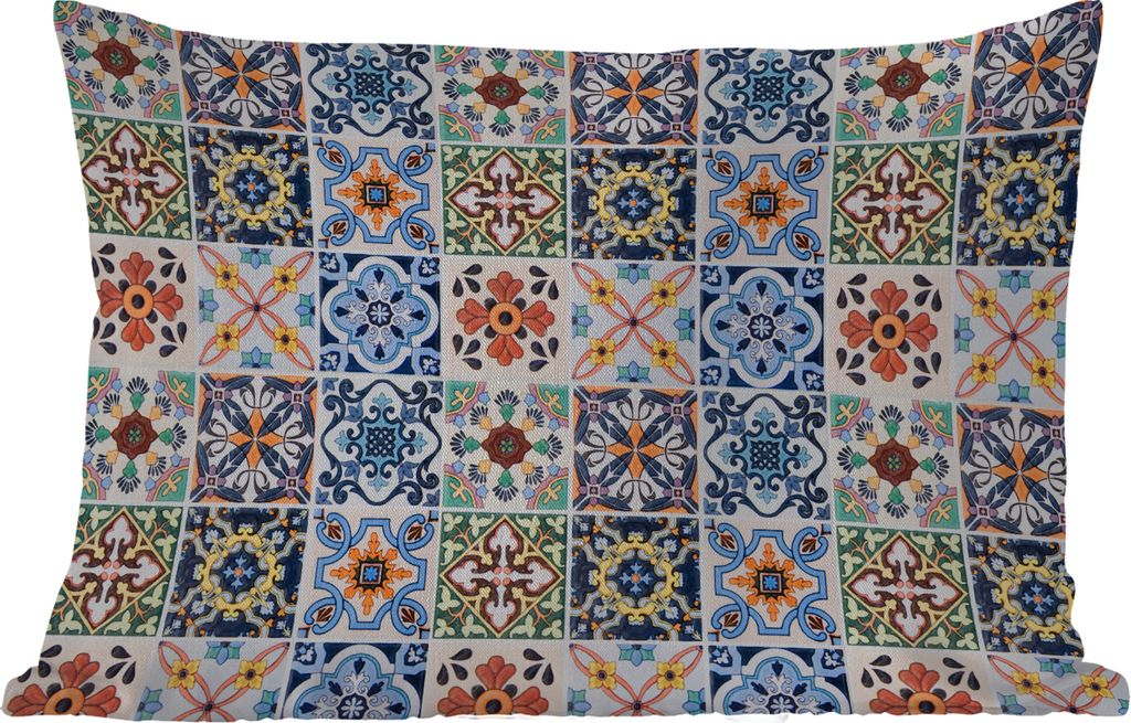 MuchoWow Outdoor Kissen - Design - Blumen - Orange - Blau - Abstrakt - 50x30 cm - Wetterfest - Lounge Kissen - Sofa kissen - Wohnzimmer Dekoration