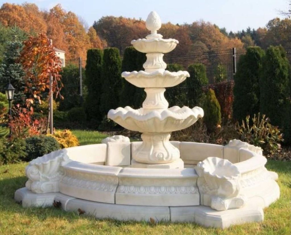 Casa Padrino Barock Garten Deko Springbrunnen Weiß Ø 270 x H. 172 cm - Prunkvoller Gartenbrunnen im Barockstil - Stein Brunnen mit Umrandung - Ba...