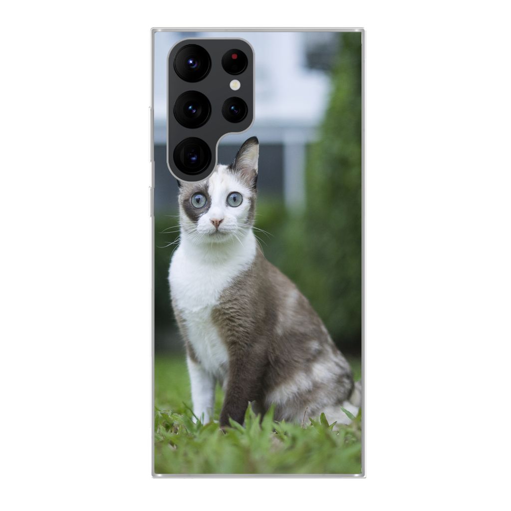MuchoWow Handyhülle Schutzhülle Hülle für Samsung Galaxy S22 Ultra Katze - Siamese - Gras - Mädchen - Kinder - Jungen - Kind Silikon Softcas...