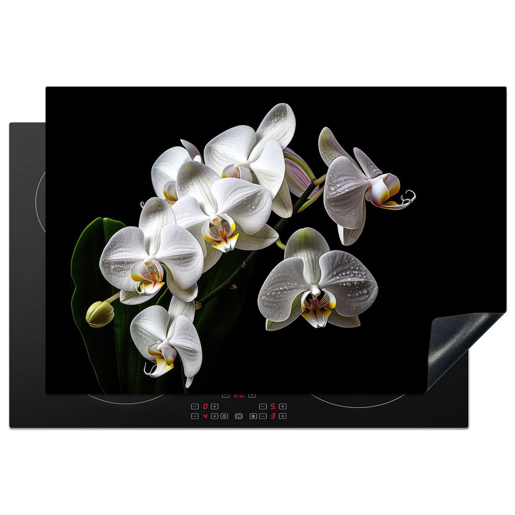 KitchenYeah Herdabdeckplatte Orchidee - Blumen - Weiß - Natur - Schwarz , 77x51cm, Küche Deko, Glaskeramikfeld Herdabdeckung, Abdeckplatte fùr...