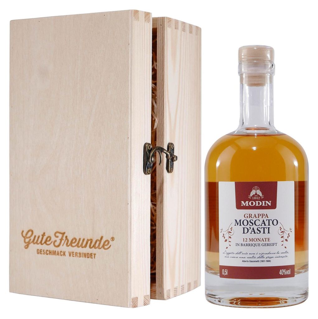 Modin Moscato d ́Asti Grappa mit Geschenk-Holzkiste