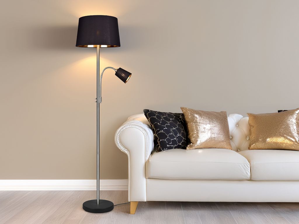 Große Wohnzimmer Stehlampe 180cm mit Leselampe, Stoff Lampenschirme Schwarz Gold
