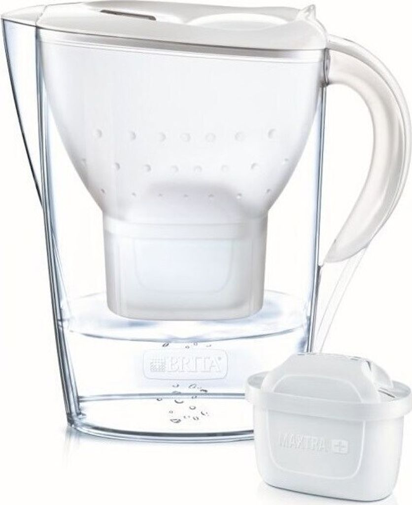 A Brita water filter pitcher and a separate filter cartridge are shown against a white background.