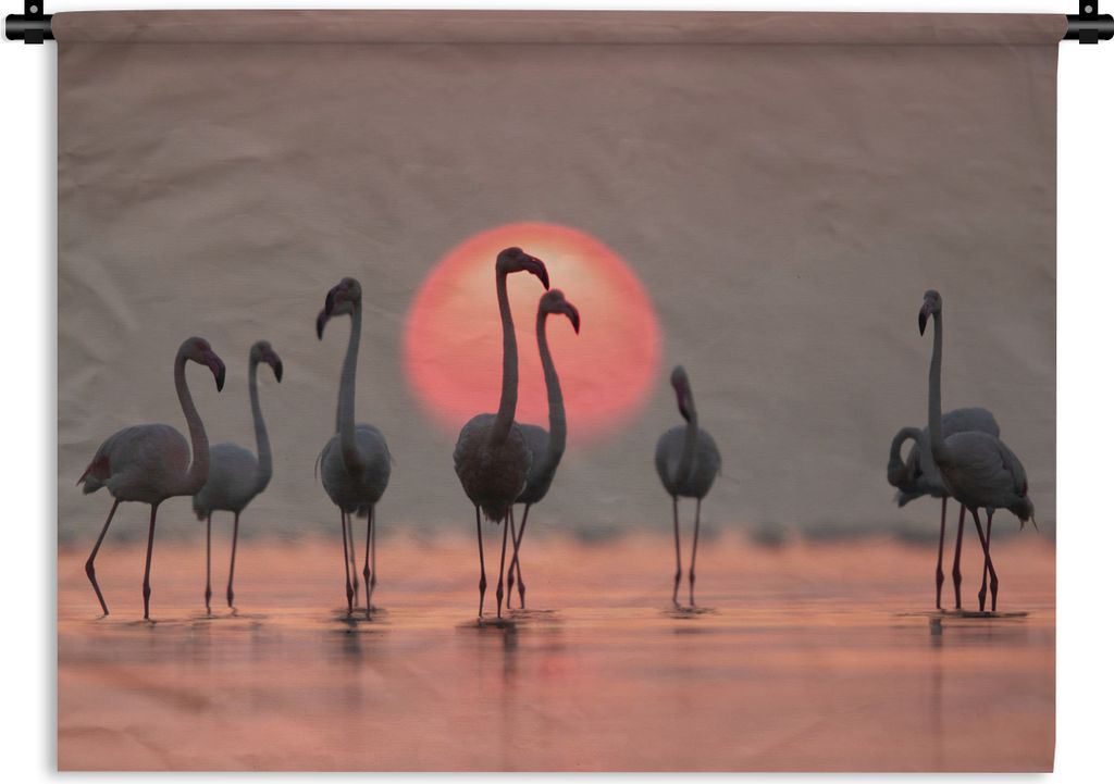 MuchoWow Wandteppich Wandbehang Vogel - Flamingo - Sonnenuntergang - Rosa 150x112.50 cm Tapisserie Dekoration Wandtuch - Wanddecke - Wandteppiche