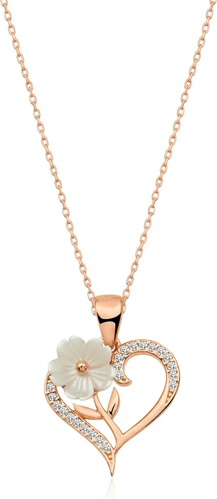 Cadeau Idéal Collier Argent Magnolia et Coeur Zircone pour Anniversaire