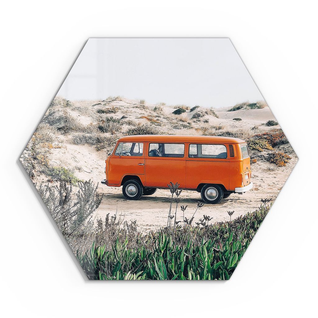 DEQORI Glasbild Echtglas 55x48 cm 'Küstenabenteuer im VW' Wandbild Bild modern Deko