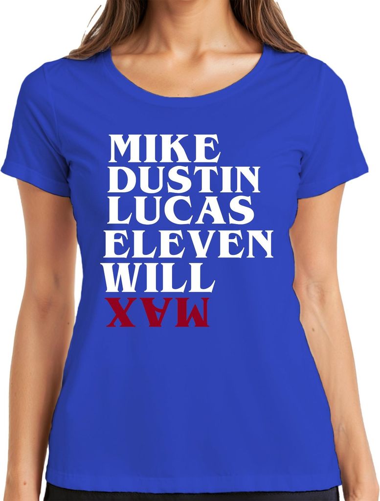 Stranger Mike Dustin Lucas Eleven Will Max Retro Serienfan Damen T-Shirt, Blau, L