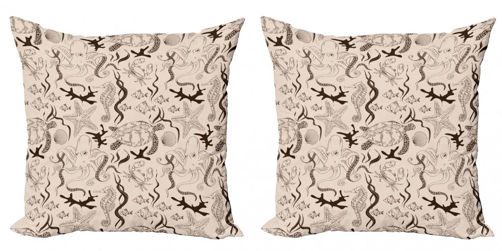 ABAKUHAUS Beige Kissenbezug Set (2Stück), Moderne Illustration Von Meerestieren Im Retro Stil Octopus Crab Seahorse Art, 45x45cm, Beige Braun