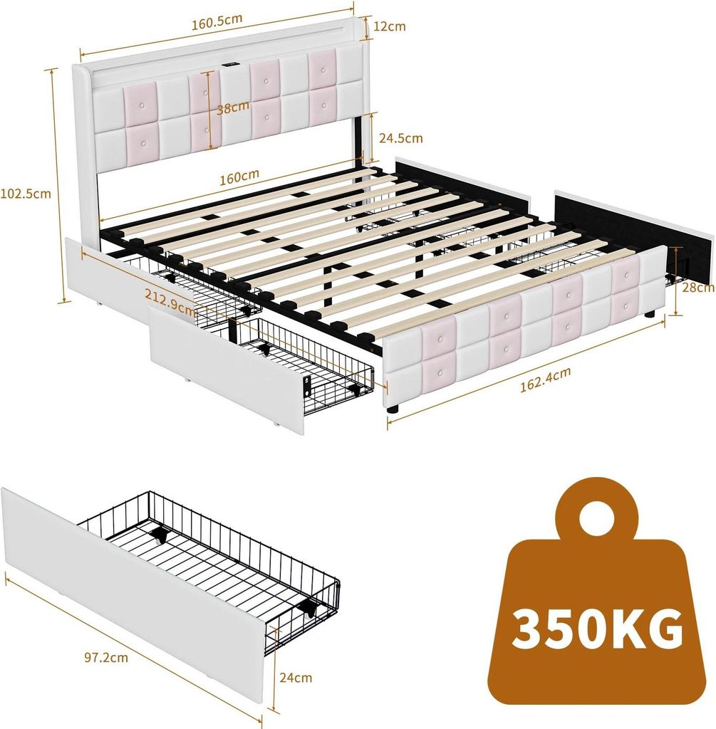 Bett Mit Stauraum - Doppelbett 160×200 cm - Metallgestell - Schubladen - Montage Erforderlich