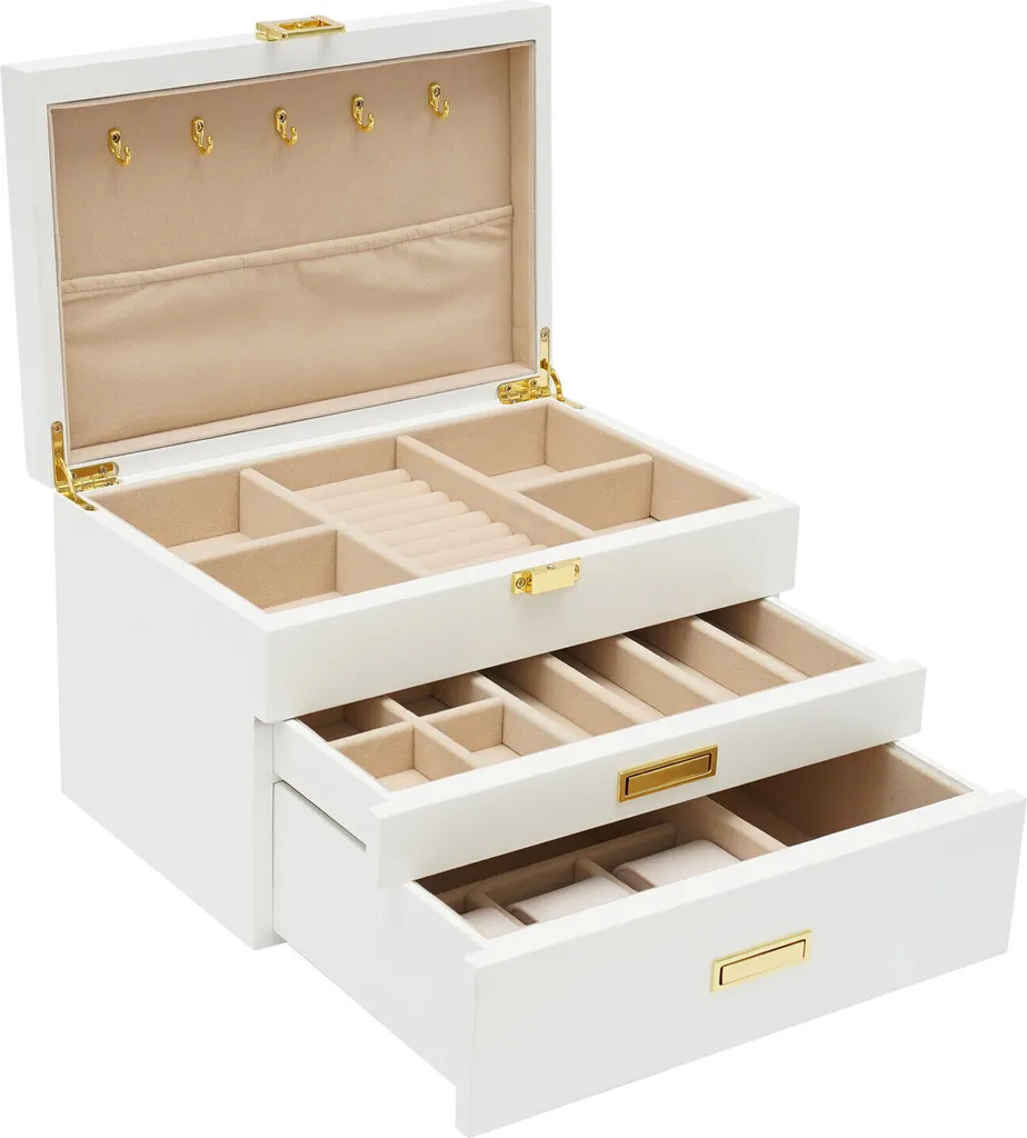 Grand organiseur de bijoux blanc 3 étages avec doublure douce velours