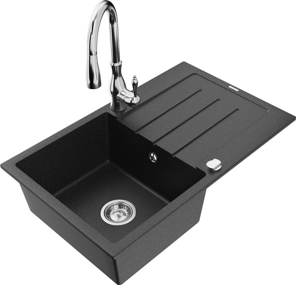 Mexen Bruno 1 Becken-Granitspüle mit Abtropffläche und Mischbatterie Savita, Schwarz/Silbermetallic - 6513-73-672601-00