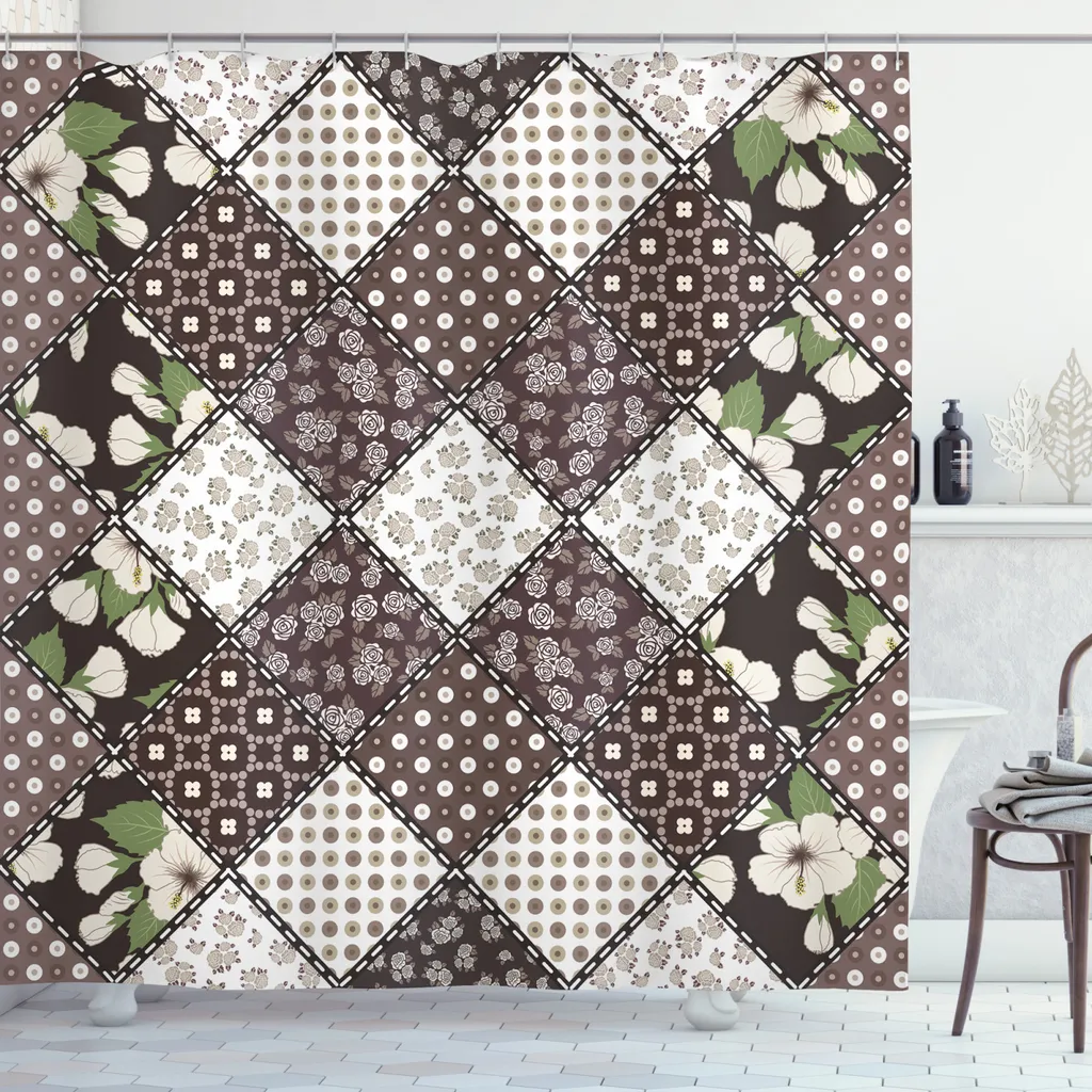 Tenda Doccia Vintage ABAKUHAUS 175x180 cm Fiori Retrò Beige Marrone