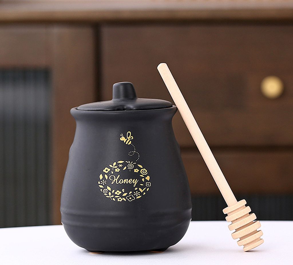 300ml Keramik Honigglas mit Deckel Honigglas mit Holz Honigschaufel, Honigglas Set, Haus und Küche für Honig Lagerung (Schwarz)
