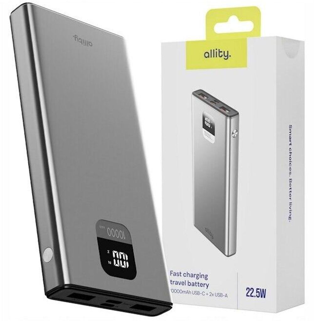 APB-100, 10000 mAh, 22.5 W, 2x USB, 1x USB-C, Argento Immagine del prodotto 