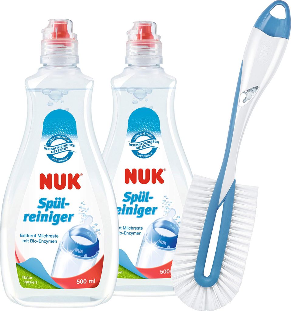 NUK Spülreiniger & Flaschenbürste für Babyflaschen | 2 x Spülreiniger 1 x Bürste für Flasche | 500 ml | Ideal für die Reinigung von Babyflas...