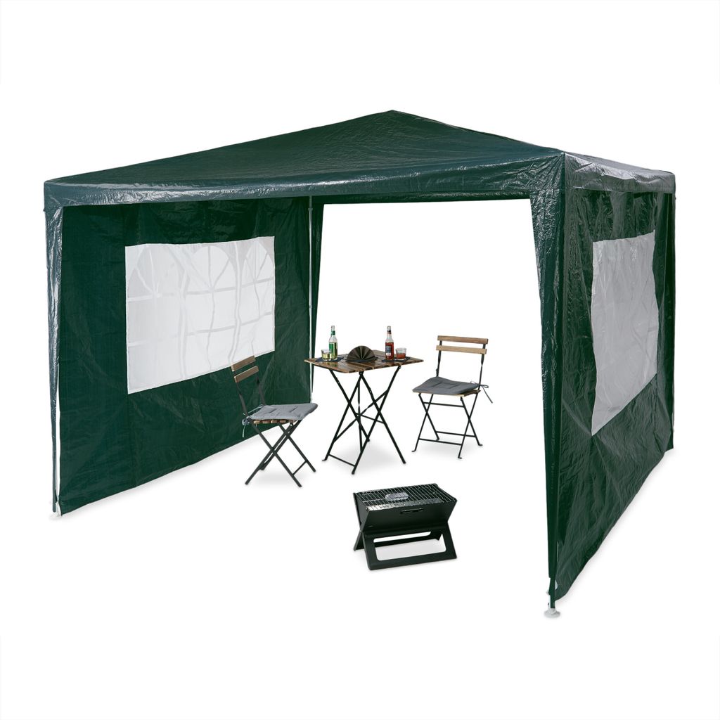 Relaxdays Pavillon 3x3 m, 2 Seitenteile, Metall Gestell, PE Plane, Fenster, Festival Partyzelt, Geschlossen, Grün