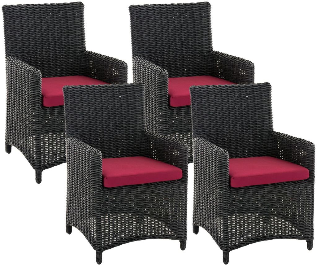 CLP Gartenstuhl 4er Set Fontana, Polyrattan Gartenstühle, Hochlehner mit Sitzkissen schwarz Polsterfarbe Rubinrot