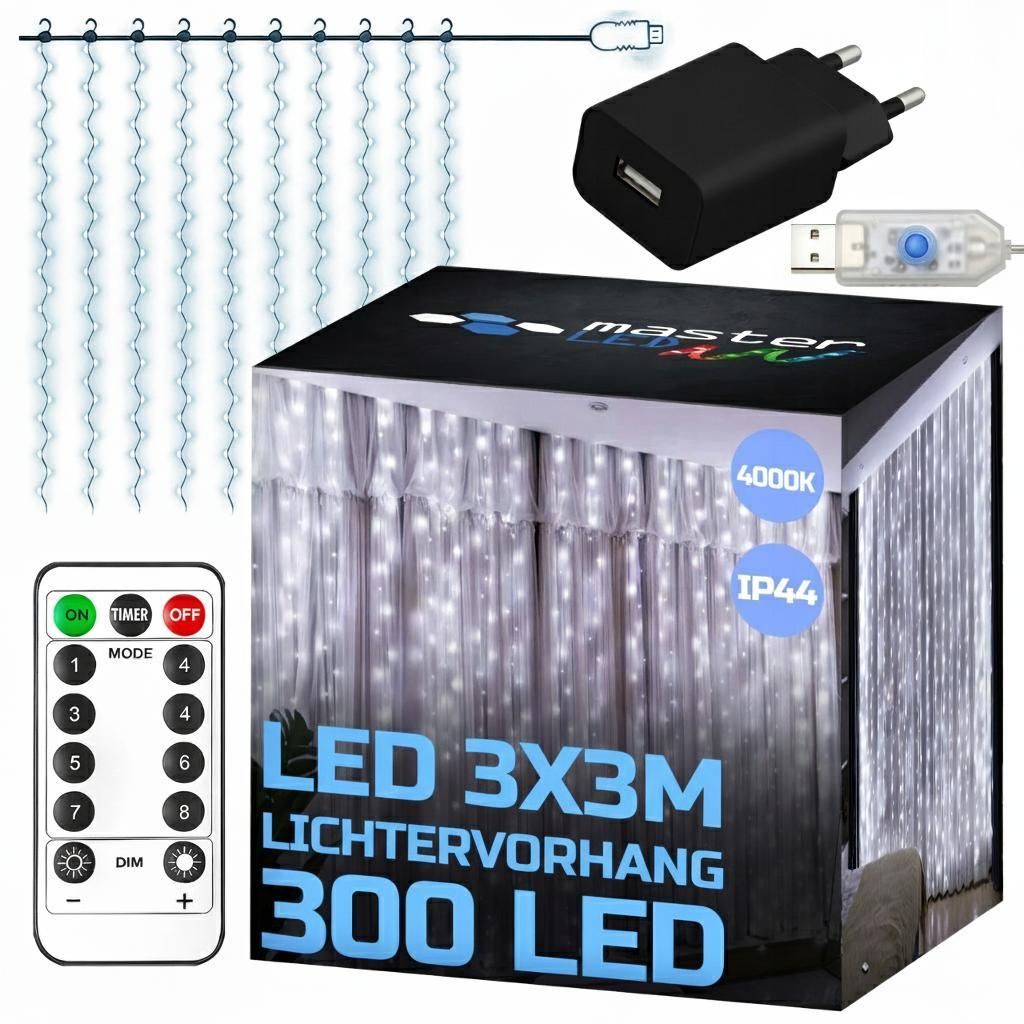 MasterLED Lichtervorhang 3x3m 300 LED Kaltweiß, USB Produktbild 