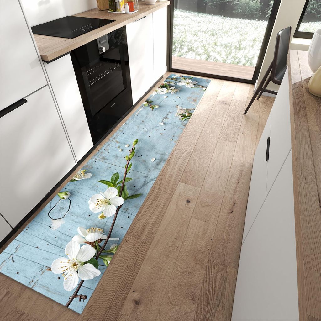 Küchenteppich 60x300cm rutschfest & abwischbar PVC Läufer - Frühlingszweige