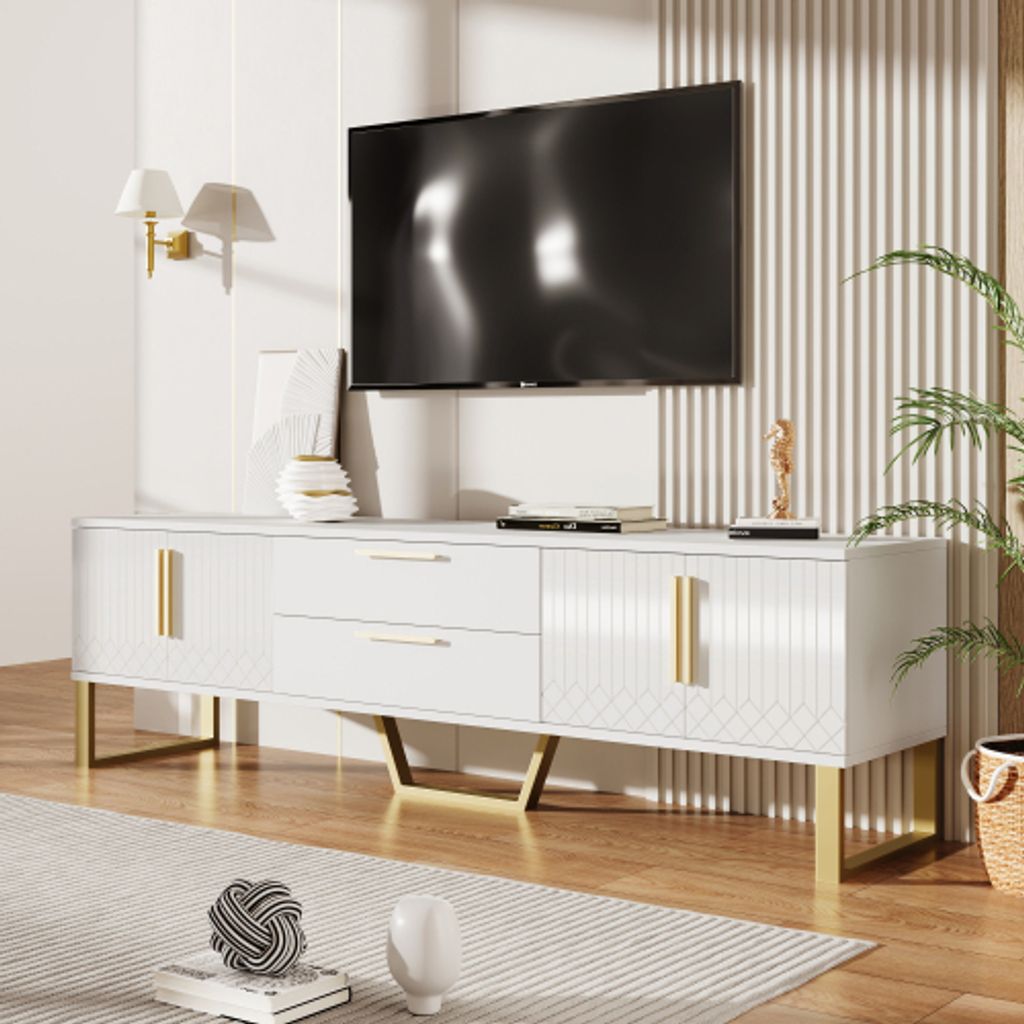 ProximaX TV - Schrank: Goldene Griffe, Füße & gravierte Tür - Die perfekte Einrichtung für Wohnzimmer