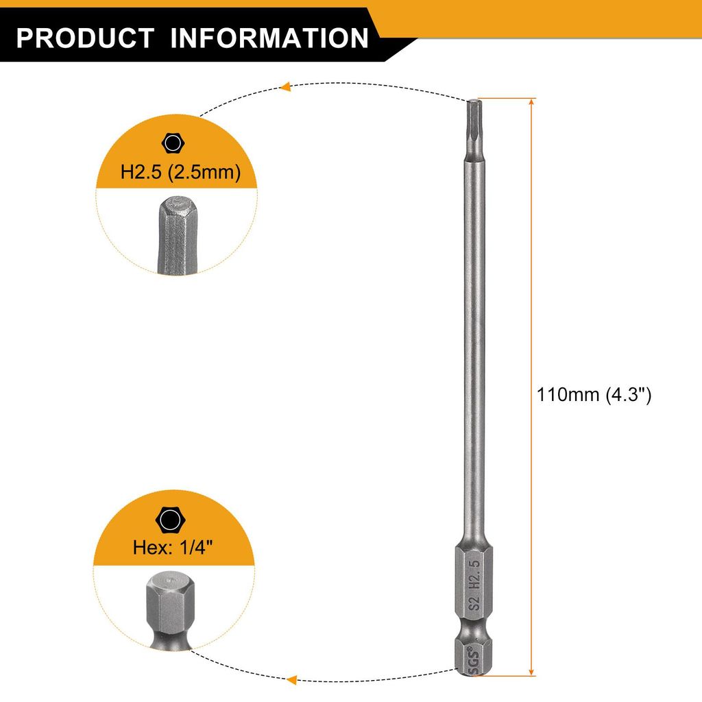 5 Stš¹ck 2,5mm(H2,5) Innensechskant Bit Set, Bitsatz Metrisch 110mm Lang, 1/4" Sechskantschaft Magnetische S2 Stahl Schraubendreher Sechskant Boh...