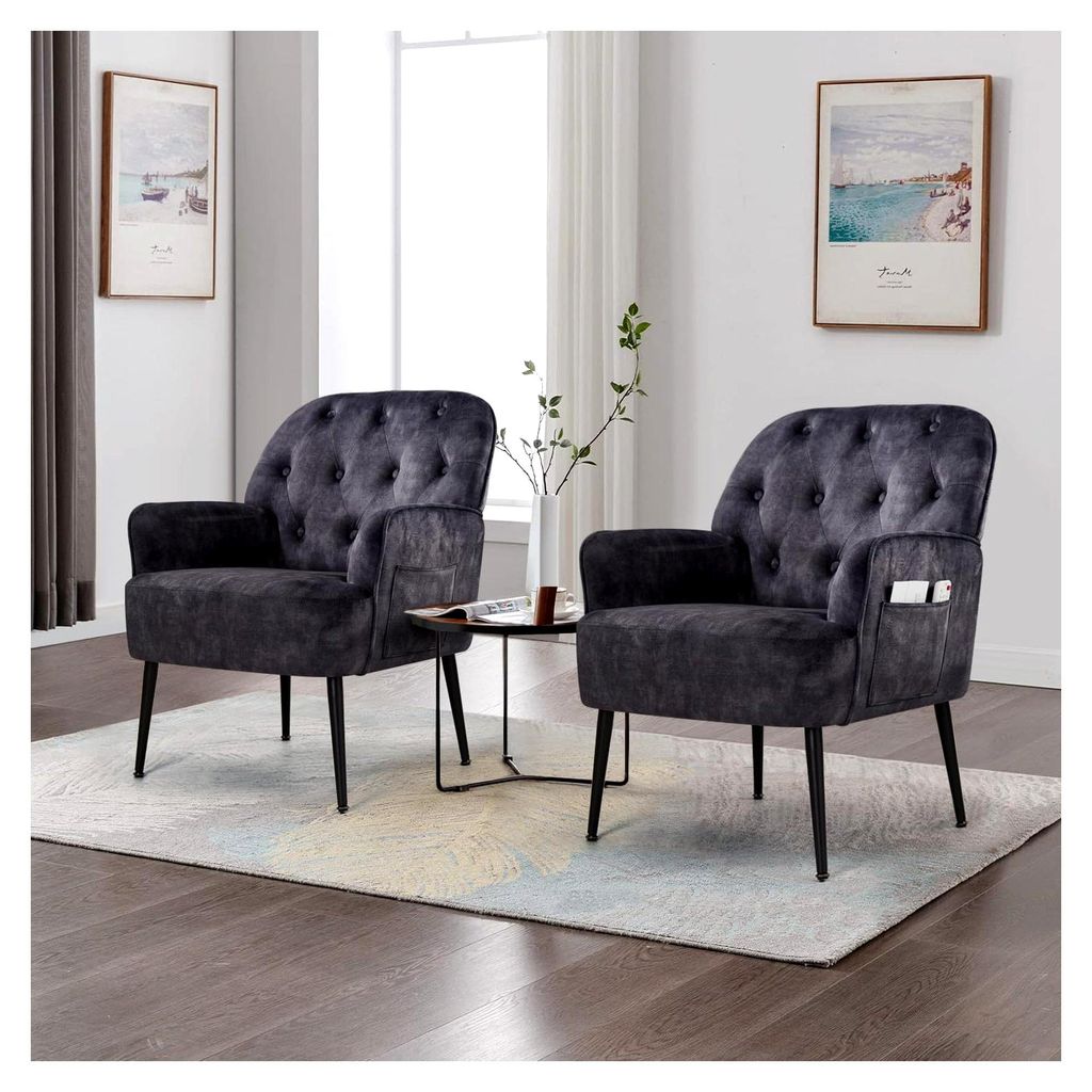 Sessel für Wohnzimmer und Schlafzimmer, Lazy Lounge Cocktailsessel mit Armlehnen und Seitentasche, moderner Samt Polstersessel mit Metallbeinen (G...