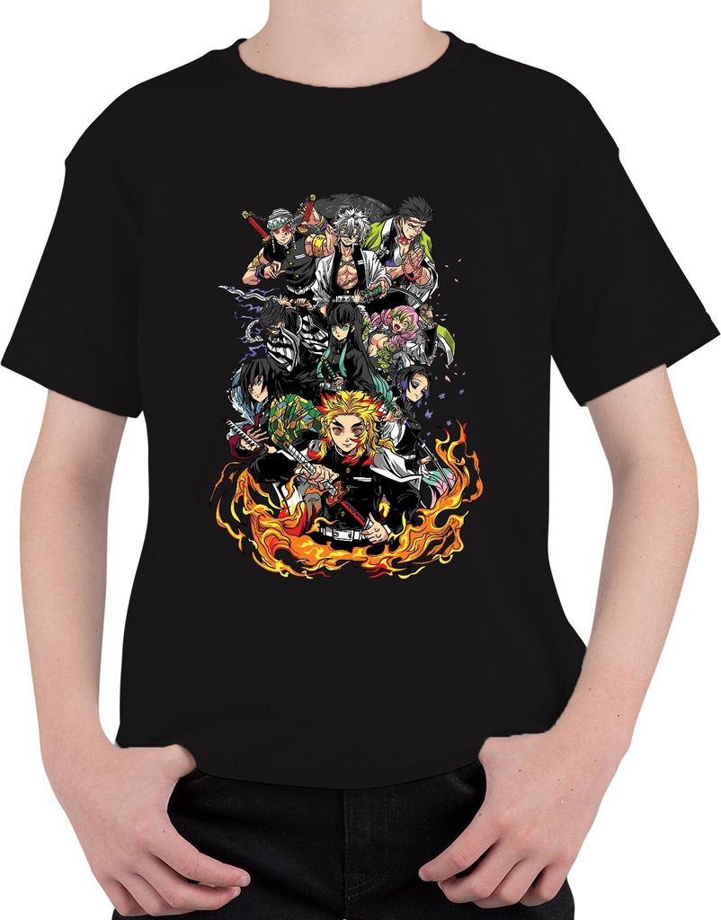 Demon Slayer Rengoku Tanjiro Nezuko Gruppe Feuer Anime Vintage Uni Kinder T-Shirt, Schwarz, 116