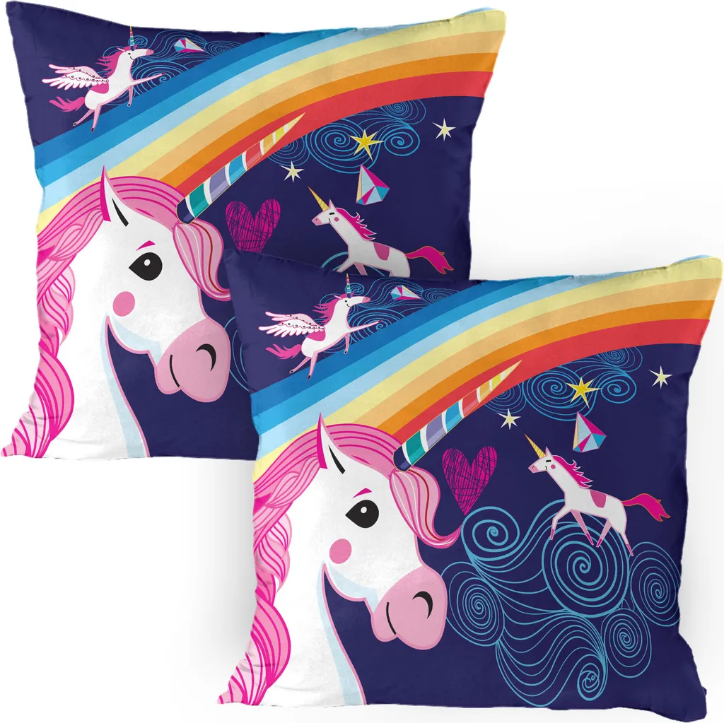 ABAKUHAUS Federa per cuscino Unicorno Confezione da 2, arcobaleno colorato di animali mitici nel cielo con motivo fantasia arcobaleno, federa per cuscino decorativa stampata, 80x80 cm, multicolore
