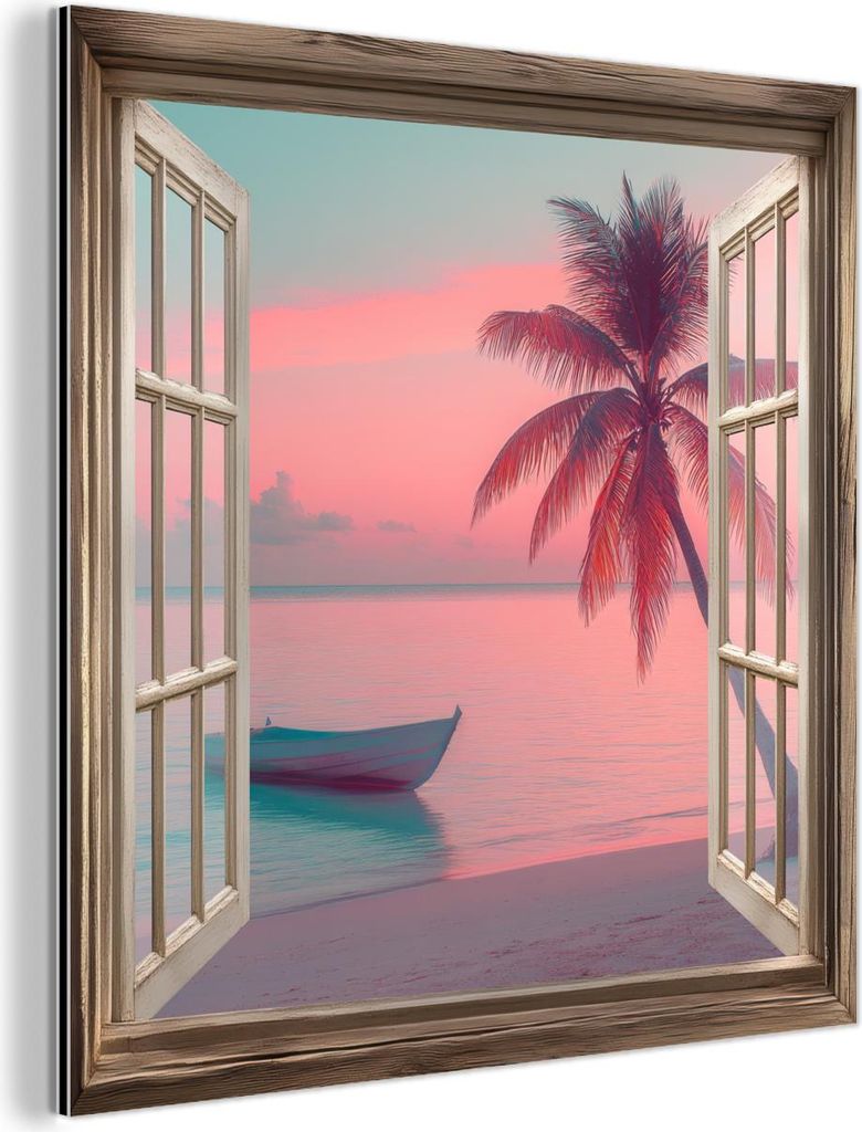 MuchoWow Wanddekoration Metall Metallbild Wandkunst 90x90 cm Durchblick - Strand - Palme - Tropisch MuchoWow Aluminium Gemälde - Dekoration - Indu...
