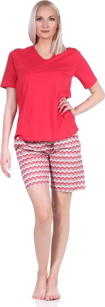 Damen Shorty Pyjama kurz mit V-Hals und gemusterten Shorts in strahlenden Farben ; rot , 36-38
