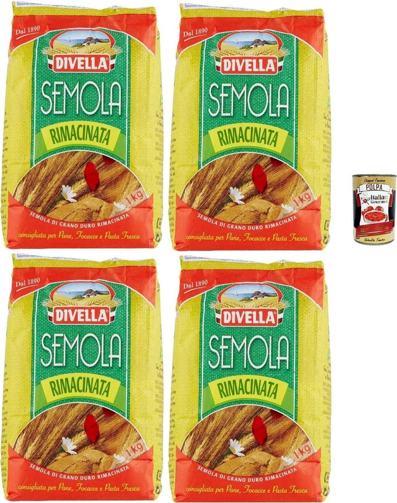 Divella Semola Rimacinata Hartweizenmehl für Pasta & Pizza 4x 1kg + Italian Gourmet polpa 400g