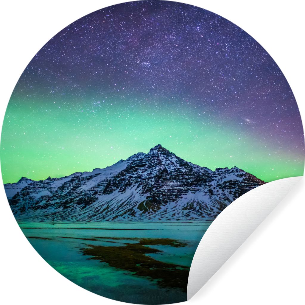 MuchoWow Runde Wandtattoo - Wandsticker Tapete Aufkleber Berg - Nordlichter - Schweden - Schnee - Grün - Winter Ø 100 cm Selbstklebend und Repo...