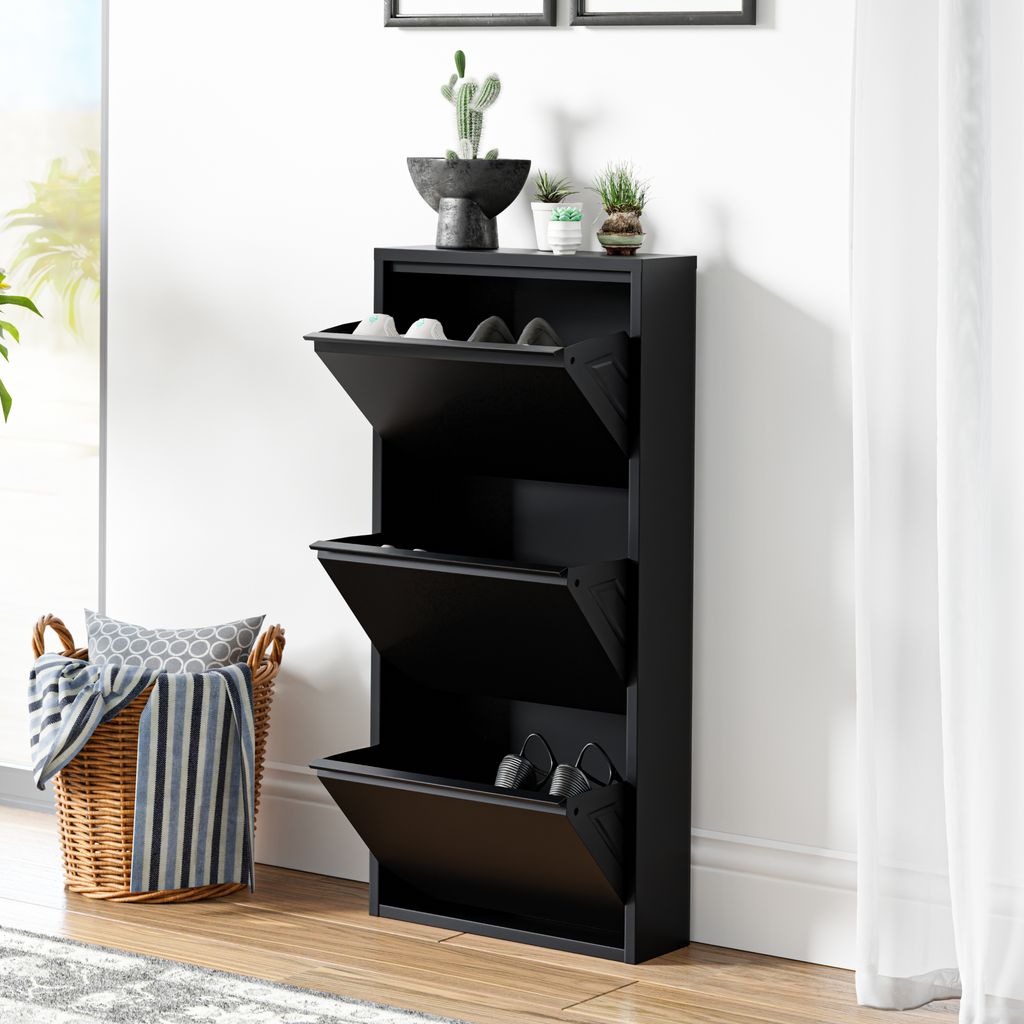 Schuhkipper 'Sokndal' mit 3 Klappen Metall 104 x 50 x 15 cm Schwarz