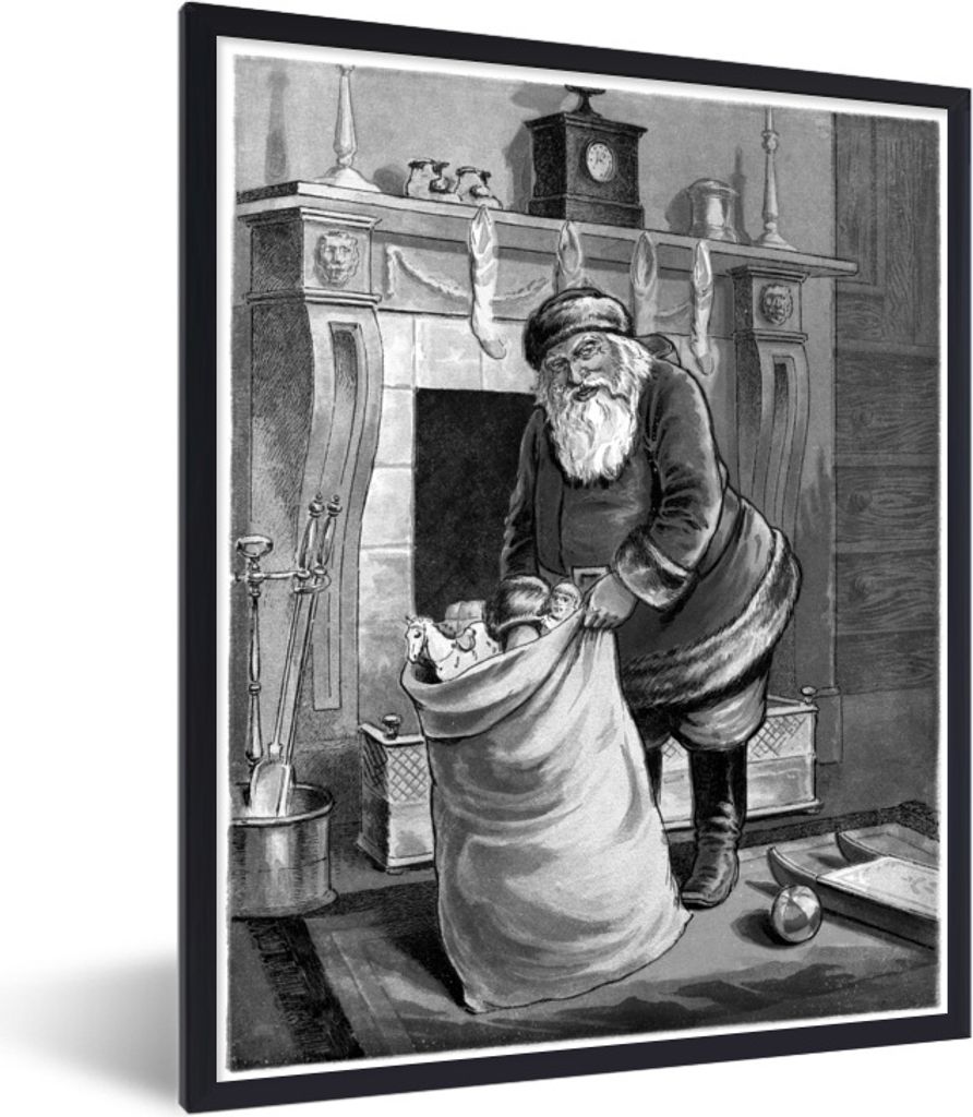 MuchoWow Gerahmtes Poster Weihnachtsmann - Weihnachtsgeschenk - Vintage - schwarz-weiß 60x80 cm - Poster mit Schwarzem Bilderrahmen Wandposter R...