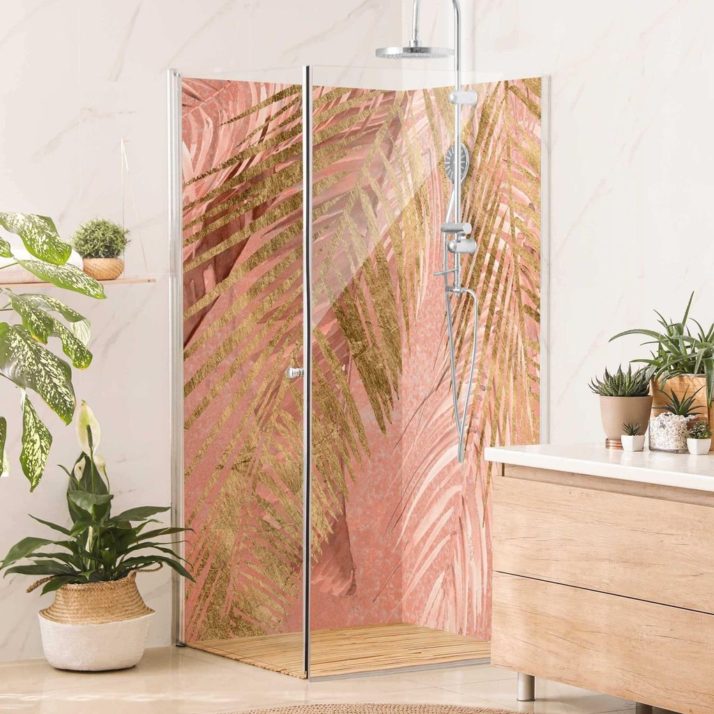 Duschrückwand originell selbstklebend - 0.61 mm Wandpaneel wasserfest Design rosa Tropisch Badrückwand fugenlos Premium matt 90x210 cm