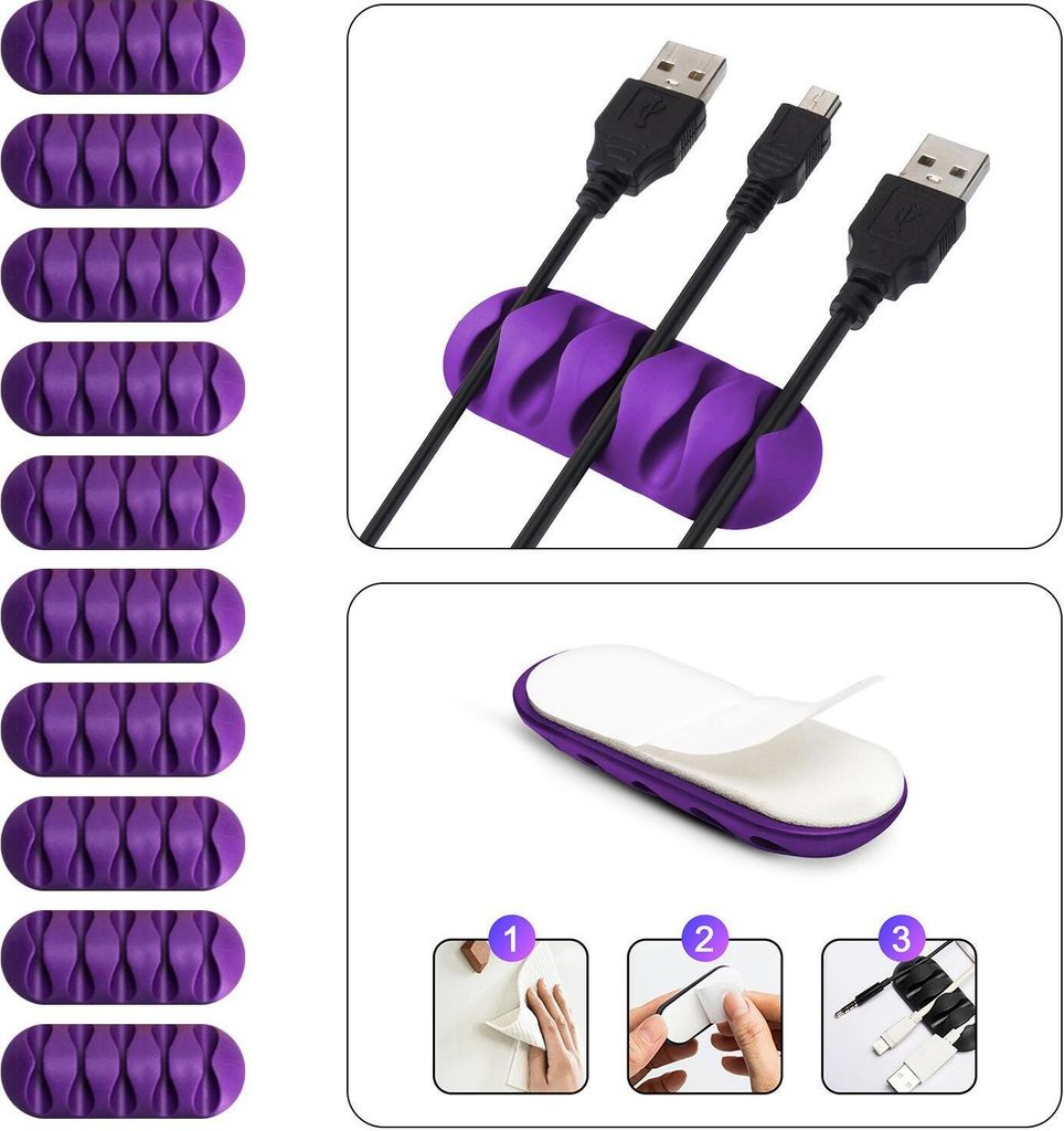 Kabel Organizer Kabelmanager 5-fach Kabelhalter Klemme Clip selbstklebend Schreibtisch Büro Farbe: Lila Menge: 10 Stück