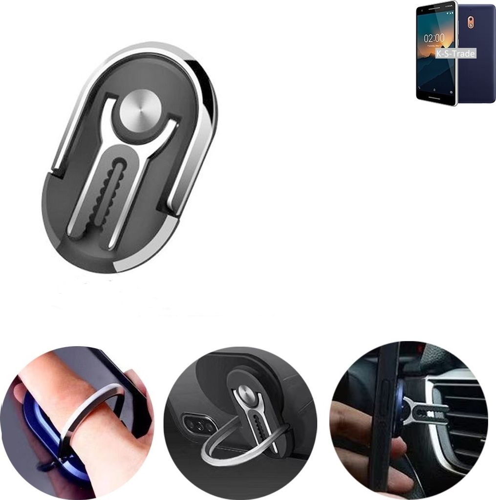 K-S-Trade 3in1 Smartphone-Ring Handy-Ring kompatibel mit Nokia 2.1 Fingerhalterung Handyring Tischständer Lüftungsgitter-Halterung Tisch Ständer