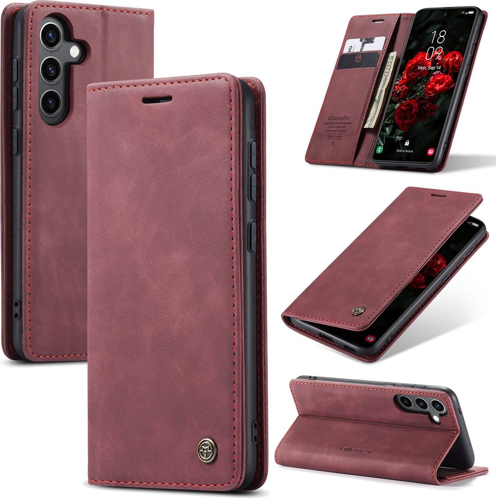 Hülle für Samsung Galaxy S24 FE Retro Kunstledertasche mit Standfunktion Schutzhülle Rot