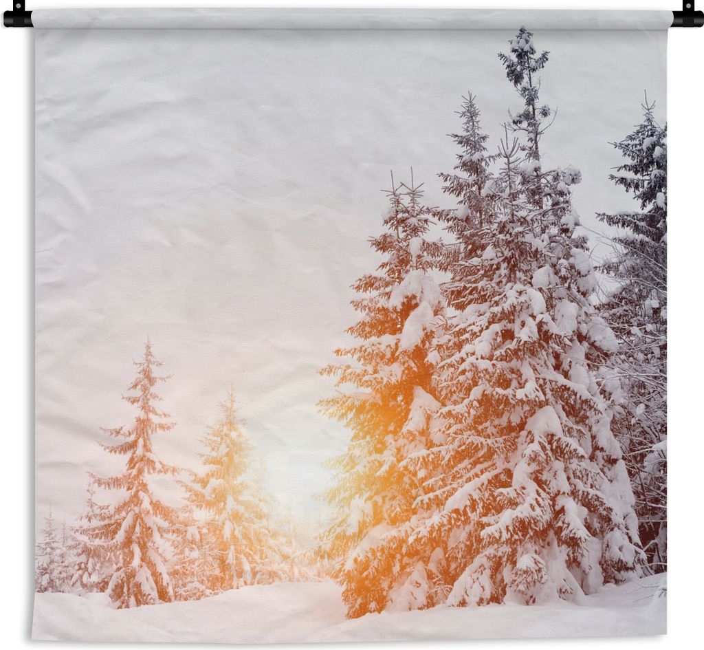 MuchoWow Wandteppich Wandbehang Sonne - Bäume - Schnee 120x120 cm Tapisserie Dekoration Wandtuch - Modern - Baumwollgewebe