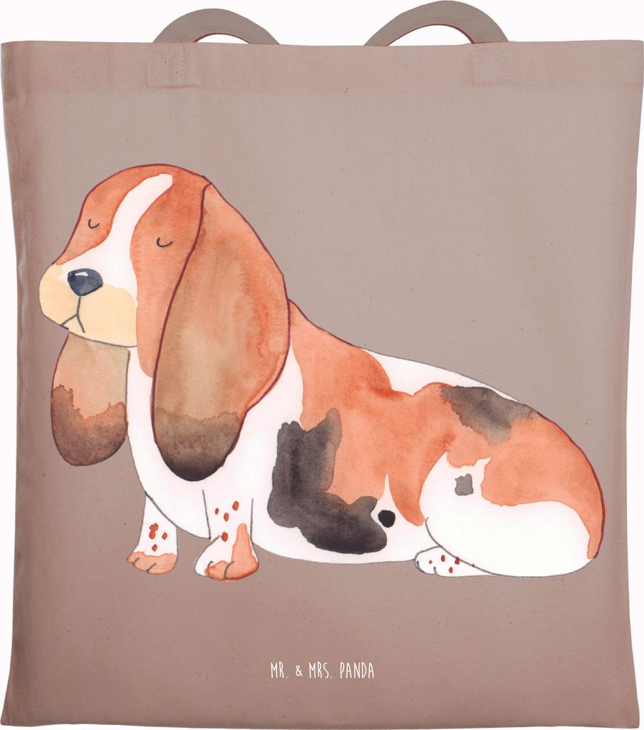 Mr. & Mrs. Panda Shopping Tasche Hund Basset Hound - Braun Pastell - Geschenk, Tote Bag, Schultasche, Einkaufstasche, Wauwau, Uni, Sprüche