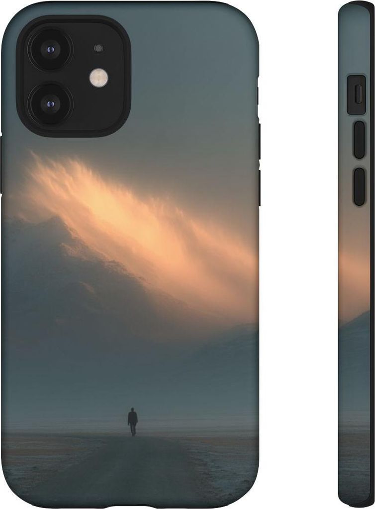 Einsamer Wanderer vor leuchtendem Berg – Hülle Kompatibel mit iPhone 12