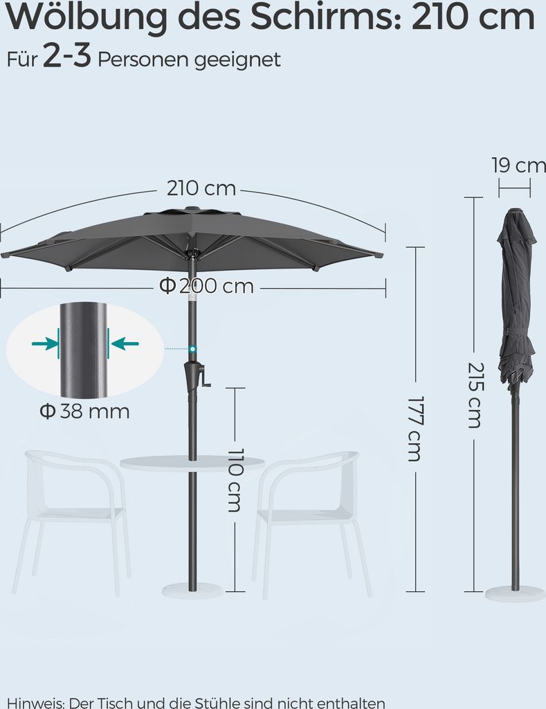 SONGMICS Sonnenschirm Ø210 cm UPF 50+ beidseitig um 30° Produktbild 7