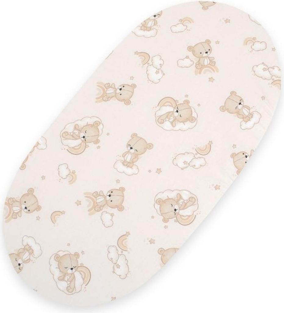 Baumwolllaken für Moseskorb Boho Gondel Kinderwagen 75x35 cm - beige Teddybär mit Regenbogen