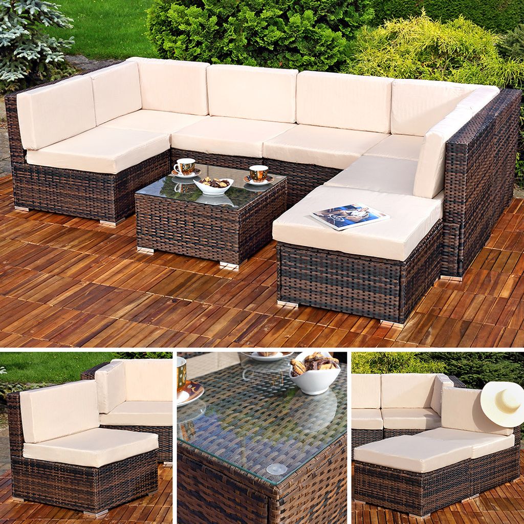 A collage of images showing a modular rattan outdoor furniture set with beige cushions, placed on a wooden deck.