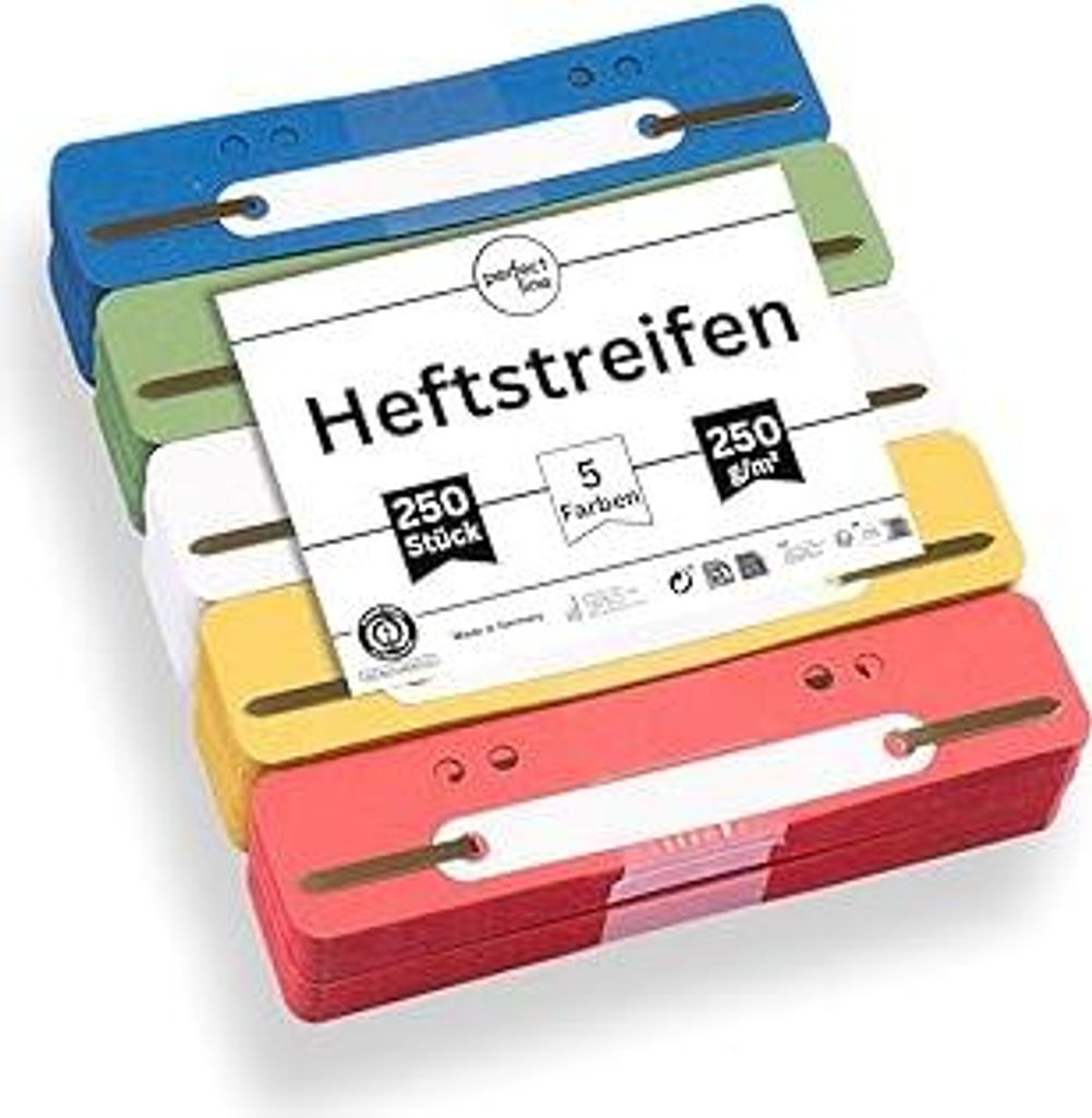 perfect line - 250 Heftstreifen Pappe, Aktendulli aus recycling Karton, 5 Farben, Abheftstreifen - Germany, Heftlaschen Blauer Engel