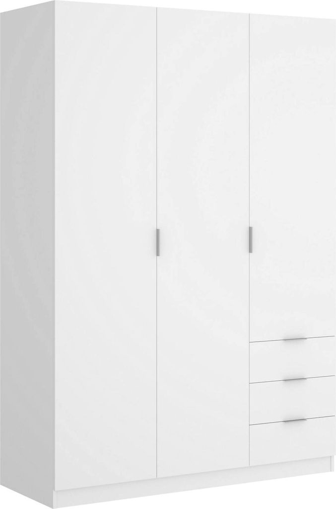 Garderobe Dnespol, Schlafzimmerschrank mit 3 Türen und 3 Schubladen, Schrank mit 3 Einlegeböden und Kleiderstange, 121x52h180 cm, Weiß