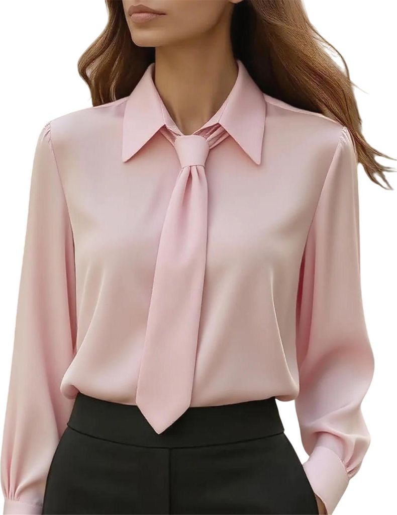 ASKSA Damen Bluse Krawatte Langarm Elegante Oberteile Buero Casual Hemdbluse Schlichtes Business Langarmshirt (Rosa,M)