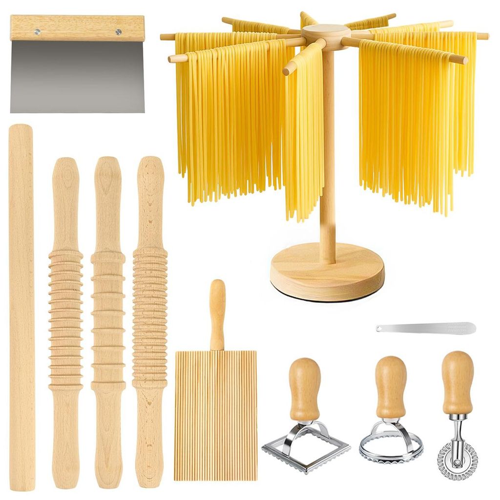 11-tlg. Pasta-Set, Nudelwerkzeug-Set mit Zubehör und Holz-Nudelholz, komplette Ausstattung zur Herstellung frischer Pasta zu Hause