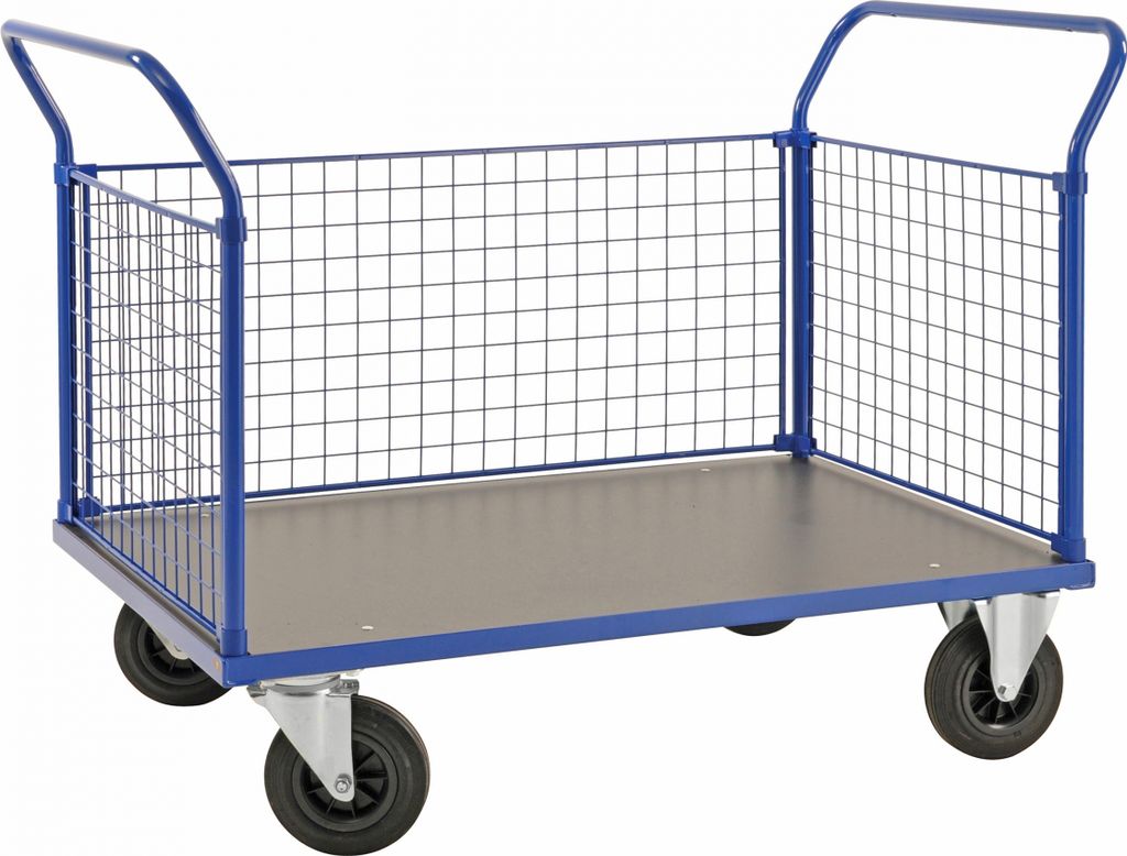 Kongamek Plattformwagen in blau 1366x800x1020mm mit MDF-Platte und 3 Gitterwänden mit Gummibereifung und Bremse