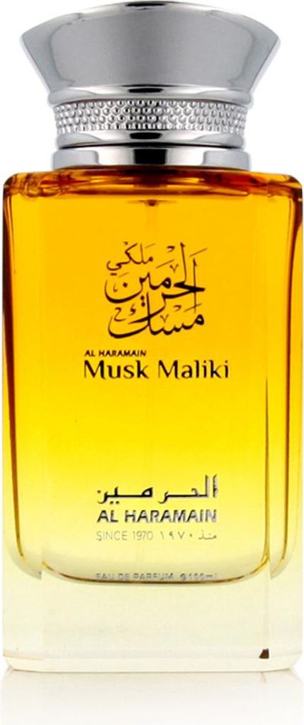 A perfume bottle with gold-colored liquid and a silver cap.